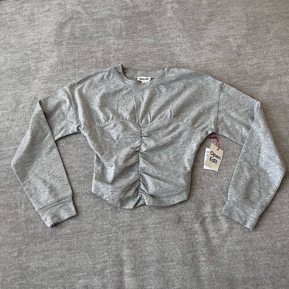 Open Edit grey corset top long sleeve cotton shirt NWT size xs